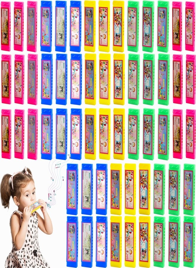 Restroma 60 Pcs Cartoon Harmonica Bulk Plastic 5 Holes Harmonica Mini Harmonicas Toy for Kids Party Goodie Bags Stuffers, Random Color Pattern - Image 1